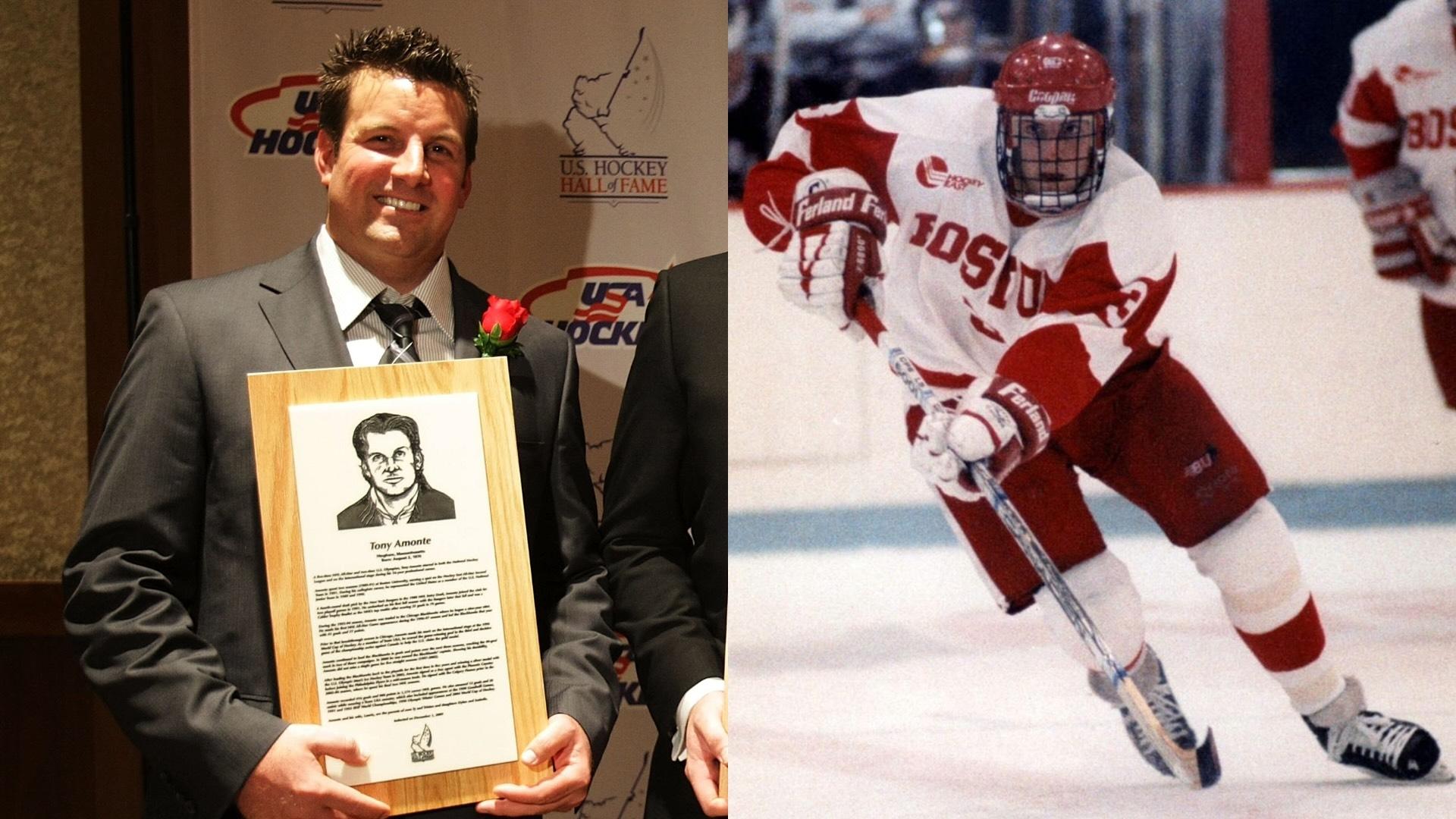 Tony Amonte at his 2009 U.S. Hockey Hall of Fame induction and as a player at Boston University